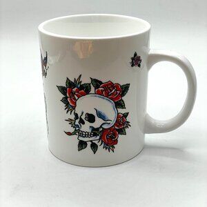 Ed Hardy Day of the Dead Skulls Flowers White Ceramic Coffee Tea Mug Cup 160z